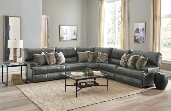 Como - 5 Piece Italian Leather Match Power Reclining Sectional With 2 Lay Flat Reclining Seats - Steel
