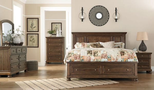 Flynnter - Medium Brown - 7 Pc. - Dresser, Mirror, Chest, King Panel Bed With 2 Storage Drawers, Nightstand