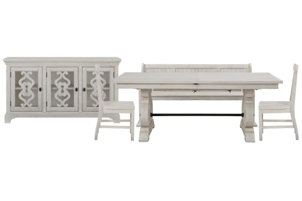 Bronwyn - Extendable Rectangular Dining Table With 2 Side Chairs, Bench And Server - Alabaster