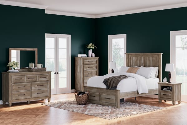 Yarbeck - Sand - 6 Pc. - Dresser, Mirror, Chest, Queen Panel Bed With Storage