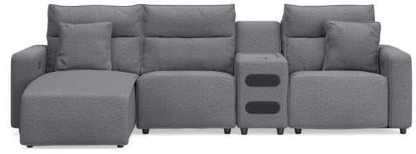 Modmax II - 4-Piece Power Reclining Sectional With LAF Press Back Power Chaise And Audio Console - Salt And Pepper