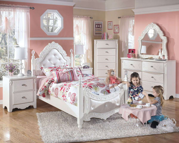 Exquisite - White - 6 Pc. - Dresser, French Style Mirror, Twin Poster Bed, 2 Nightstands
