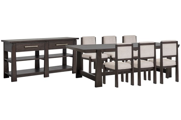 Tauren - Trestle Dining Table With 6 Upholstered Side Chairs And Sideboard - Coffee Bean / Beige