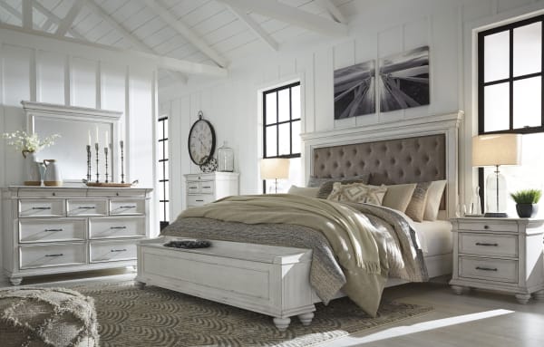 Kanwyn - Whitewash - 6 Pc. - Dresser, Mirror, Chest, King Upholstered Bed with Storage Bench
