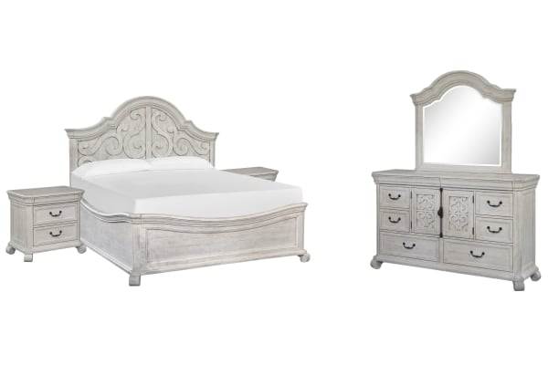 Bronwyn - King Shaped Panel Bed, 2 Nightstands And Drawer Dresser With Shaped Mirror - Alabaster