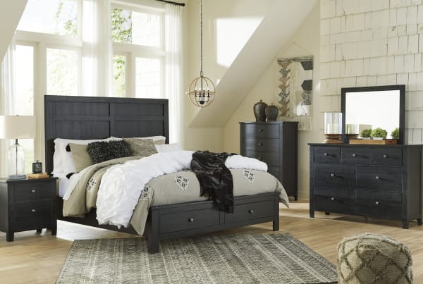 Noorbrook - Black - 6 Pc. - Dresser, Mirror, Chest, King Panel Bed with 2 Storage Drawers