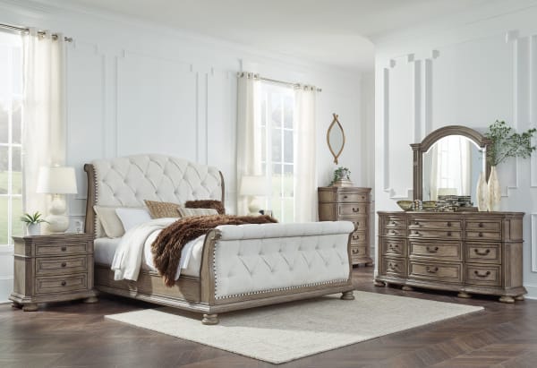 Ardenfield - Light Brown - 7 Pc. - Dresser, Mirror, King Upholstered Sleigh Bed, 2 Nightstands