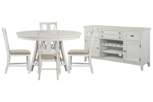 Heron Cove - 52" Round Dining Table With 4 Side Chairs And Buffet - Chalk White And Dovetail Gray