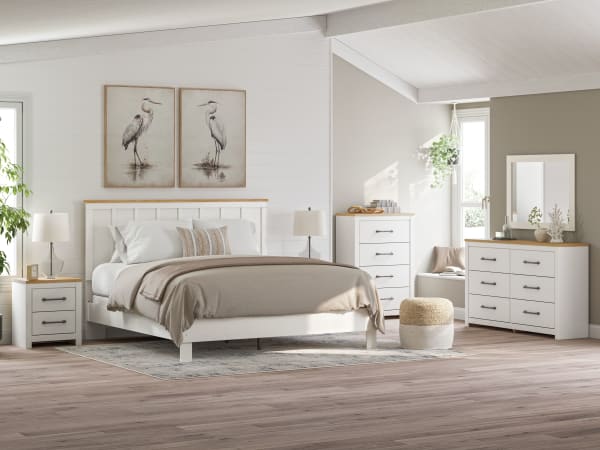 Linnocreek - White / Warm Brown - 4 Pc. - Dresser, Mirror, King Panel Bed