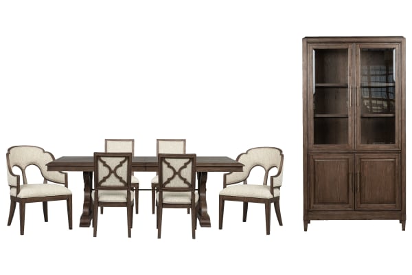Jubilee - Extendable Trestle Dining Table With 4 Side Chairs, 2 Arm Chairs And Display Cabinet - Brown / White