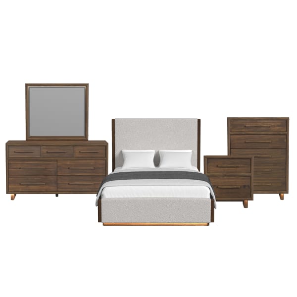 Brisbane - Queen Upholstered 5 Piece Bedroom Set With Boucle And LED - Beige / Brown