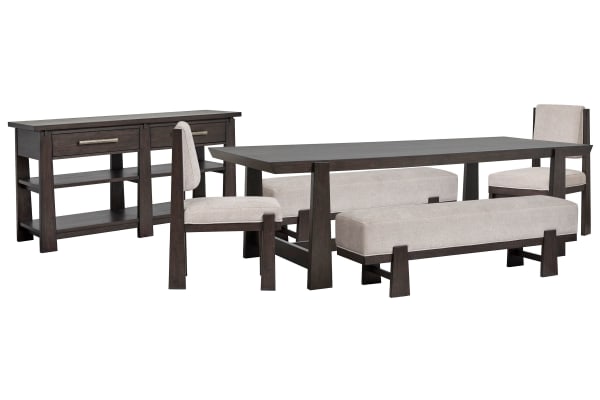 Tauren - Trestle Dining Table With 2 Benches, 2 Upholstered Side Chairs And Sideboard - Coffee Bean / Beige