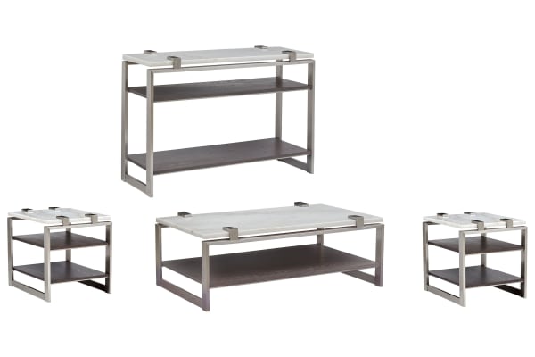 Paradox - Rectangular Cocktail Table With 2 End Tables And Sofa Table - Pearl White And Roasted Almond And Brushed Platinum