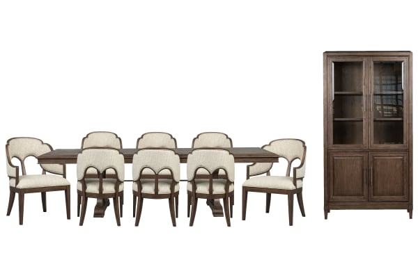 Jubilee - Extendable Trestle Dining Table With 8 Arm Chairs And Display Cabinet - Brown / White