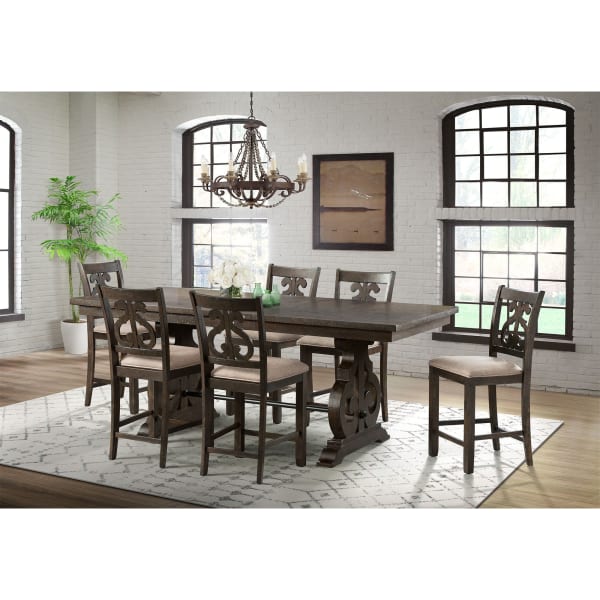 Stone - Counter Height 7 Piece Dining Set, Table & Six Swirl Back Chairs - Smokey Walnut