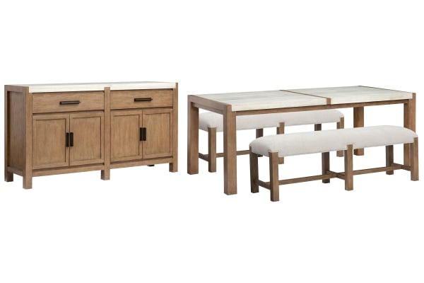 Plum Creek - Rectangular Dining Table With 2 Benches And Server - Sierra Brown