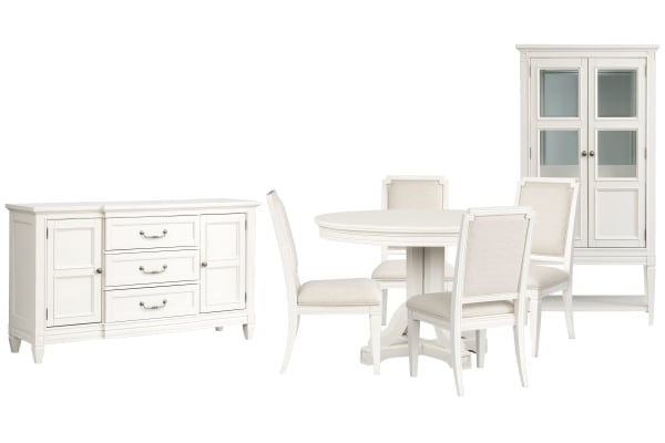 Willowbrook - Extendable 48" Round Dining Table With 4 Upholstered Side Chairs, Buffet And Display Cabinet - Egg Shell White