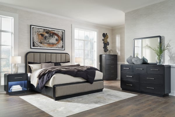 Rowanbeck - Gray / Black - 5 Pc. - Dresser, Mirror, Chest, California King Upholstered Panel Bed