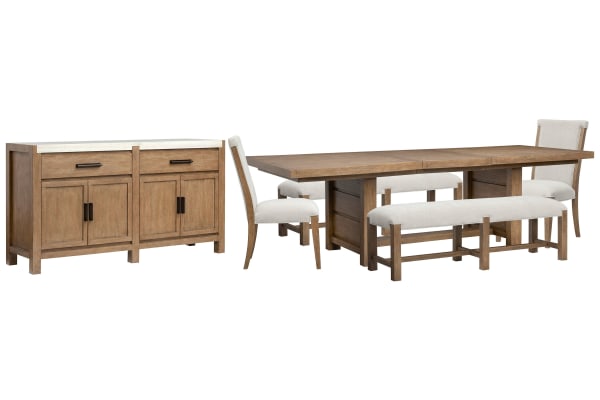 Plum Creek - Trestle Dining Table With 2 Benches, 2 Upholstered Side Chairs And Server - Sierra Brown