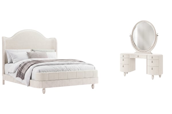 Vivienne - Queen Upholstered Panel Bed And Vanity With Mirror - Whisper White