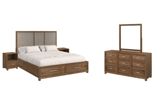 Laurel Ridge - King Upholstered Panel Storage Bed, 2 Nightstands And Drawer Dresser With Portrait Mirror - Brown / Gray