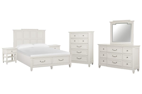 Willowbrook - King Panel Storage Bed, 2 Open Nightstands, Drawer Dresser With Landscape Mirror And Drawer Chest - Egg Shell White