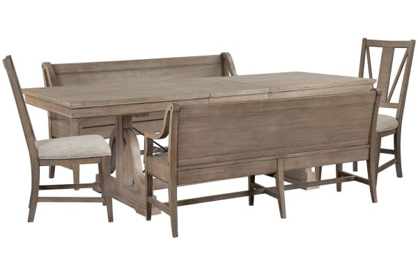 Paxton Place - Extendable Trestle Dining Table With 2 Benches And 2 Side Chairs - Dovetail Gray