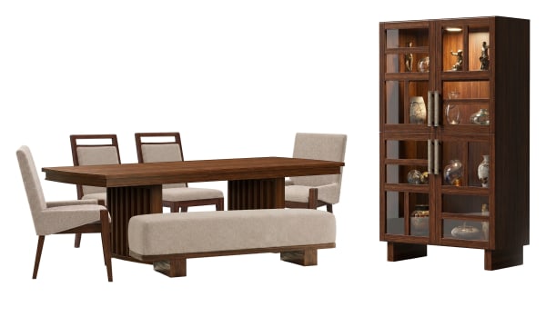 Reena - Extendable Trestle Dining Table With 2 Side Chairs, 2 Host Chairs, Bench And Display Cabinet - Rich Brown / Beige