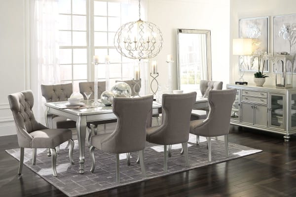 Coralayne - Silver Finish/Silver/White - 10 Pc. - Rectangular Dining Room Extension Table, 8 Upholstered Side Chairs, Server