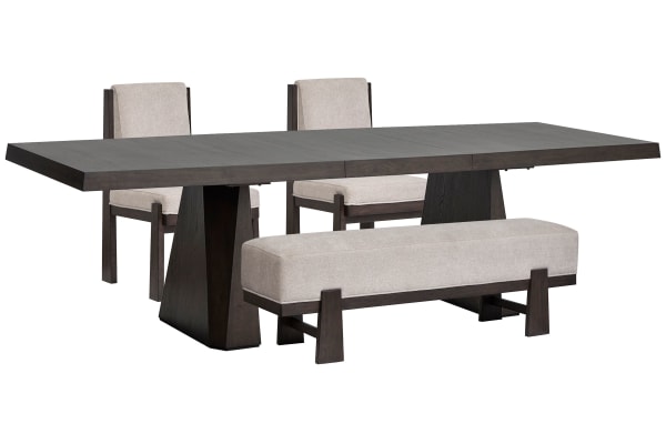 Tauren - Extendable Double Pedestal Dining Table With 2 Upholstered Side Chairs And Bench - Coffee Bean / Beige