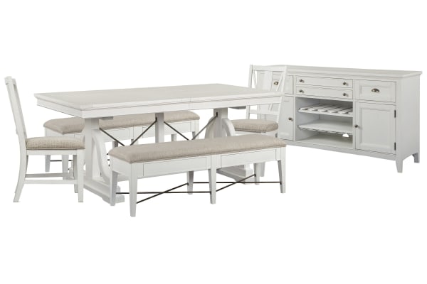 Heron Cove - Extendable Trestle Dining Table With 2 Upholstered Benches, 2 Side Chairs And Buffet - Chalk White And Dovetail Gray
