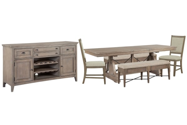 Paxton Place - Extendable Trestle Dining Table With 2 Upholstered Benches, 2 Upholstered Side Chairs And Buffet - Dovetail Gray