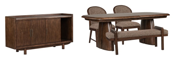 Belville - Extendable Trestle Dining Table With 2 Upholstered Side Chairs, Bench And Sideboard - Chestnut Brown