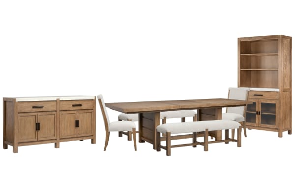 Plum Creek - Trestle Dining Table With 2 Benches, 2 Upholstered Side Chairs, Server And Display Cabinet - Sierra Brown