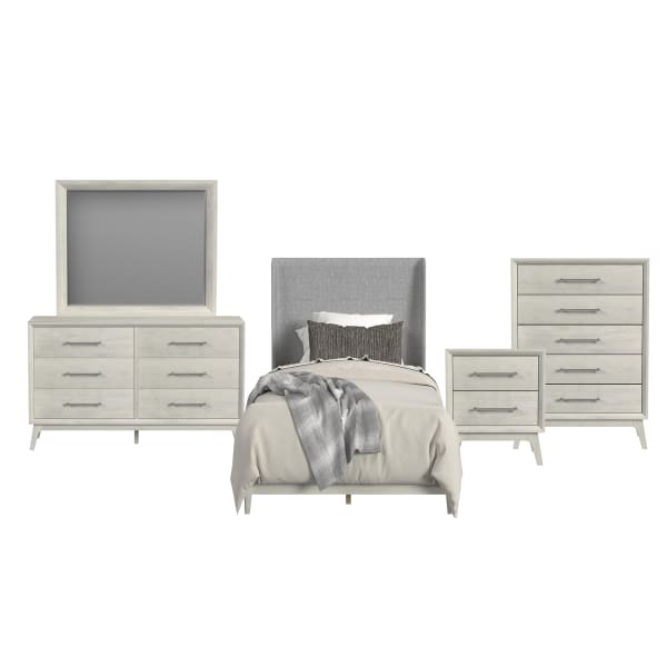 Westland - Twin Upholstered 5 Piece Bedroom Set With Fabric - Almond Gray