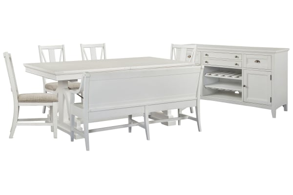 Heron Cove - Extendable Trestle Dining Table With 4 Side Chairs, Bench And Buffet - Chalk White And Dovetail Gray