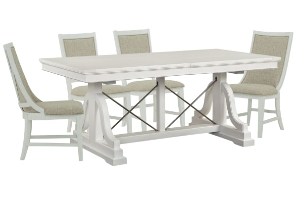 Heron Cove - Extendable Trestle Dining Table With 2 Upholstered Side Chairs And 2 Host Chairs - Chalk White And Dovetail Gray