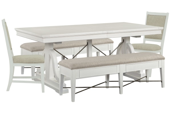 Heron Cove - Extendable Trestle Dining Table With 2 Upholstered Benches And 2 Upholstered Side Chairs - Chalk White And Dovetail Gray