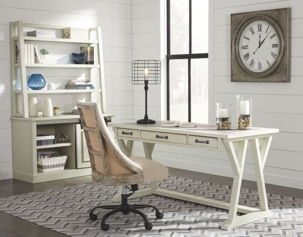 Jonileene - White/Gray - 4 Pc. - Large Leg Desk, Cabinet with Desk Hutch, Swivel Chair