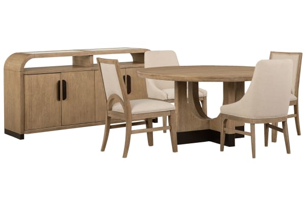 Tristan - 60" Round Dining Table With 2 Side Chairs, 2 Arm Chairs And Sideboard - Swiss Coffee / Beige