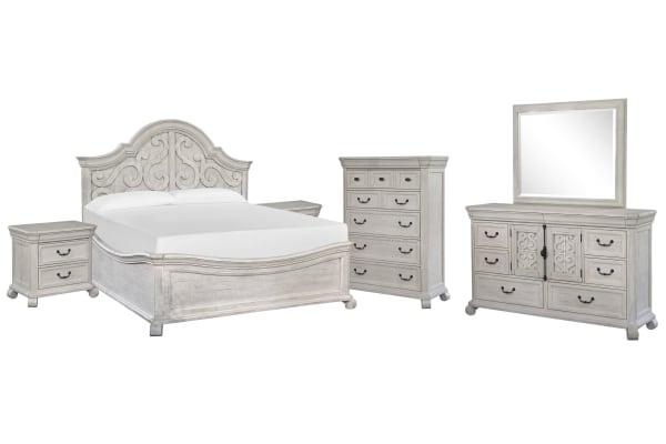 Bronwyn - King Shaped Panel Bed, 2 Nightstands, Drawer Dresser With Landscape Mirror And Drawer Chest - Alabaster