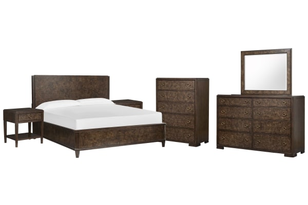 Rowan - King Panel Bed, 2 Open Nightstands, Drawer Dresser With Landscape Mirror And Drawer Chest - Espresso