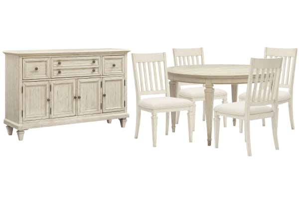 Newport - Extendable Round Dining Table With 4 Side Chairs And Buffet - Alabaster