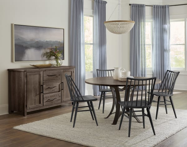 Dovetail - Solid American Oak - Round 48" Table With A Metal Pedestal - Aged Gray