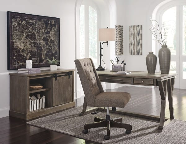 Luxenford - Grayish Brown - 3 Pc. - Large Leg Desk, Credenza, Swivel Desk Chair