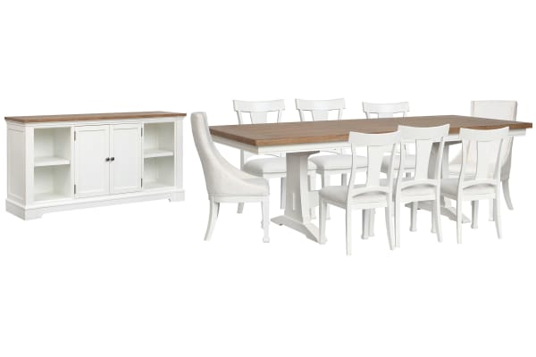Kingston - Extendable Trestle Dining Table With 6 Side Chairs, 2 Host Chairs And Credenza - Whisper White And Cerused Nutmeg