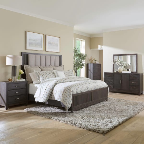 Modern Edge - 5 Piece Bedroom Set (Queen Upholstered Bed, Dresser & Mirror, Chest, Night Stand) - Brown