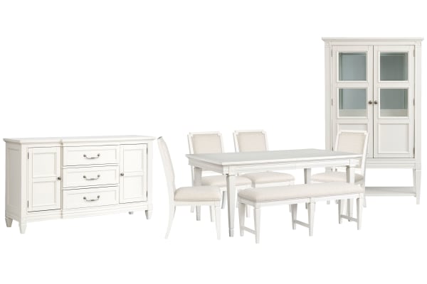 Willowbrook - Extendable Rectangular Dining Table With 4 Upholstered Side Chairs, Upholstered Bench, Buffet And Display Cabinet - Egg Shell White