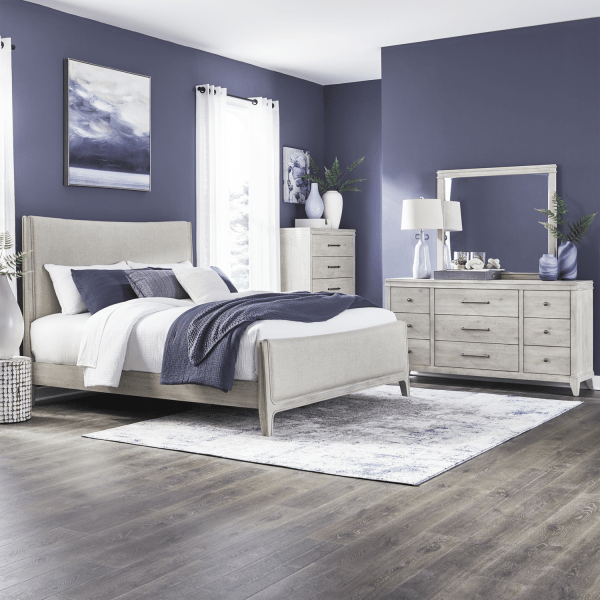 New Haven - 4 Piece Bedroom Set (King Upholstered Bed, Dresser & Mirror, Chest) - Sanctuary White