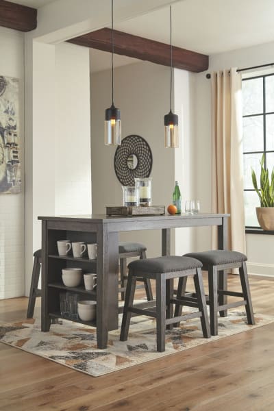 Caitbrook - Gray - 5 Pc. - Counter Table, 4 Upholstered Stools